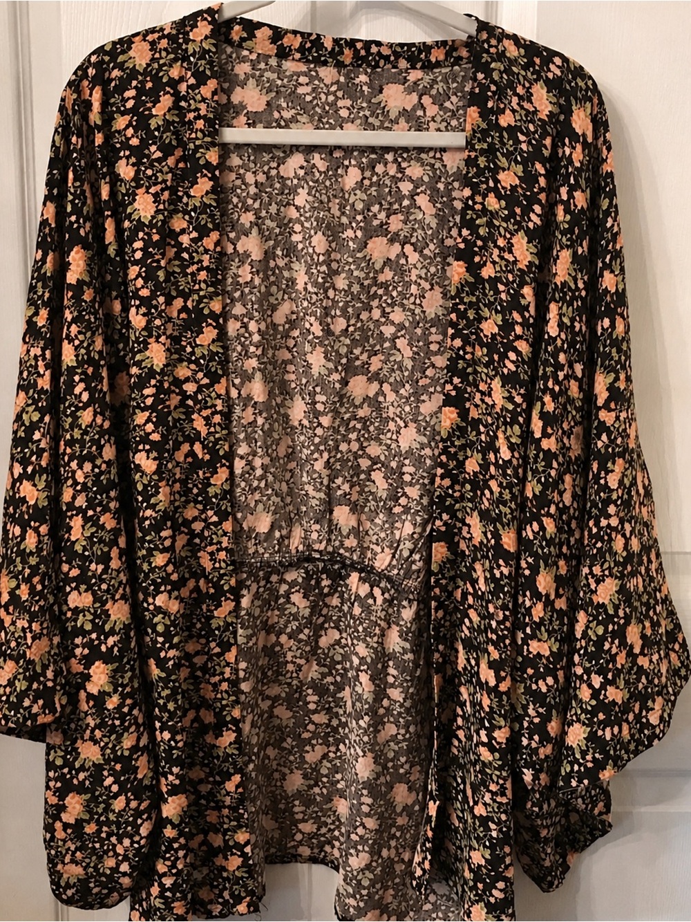 Black Floral Cotton Kimono Duster with Peach Blossoms-L/XL